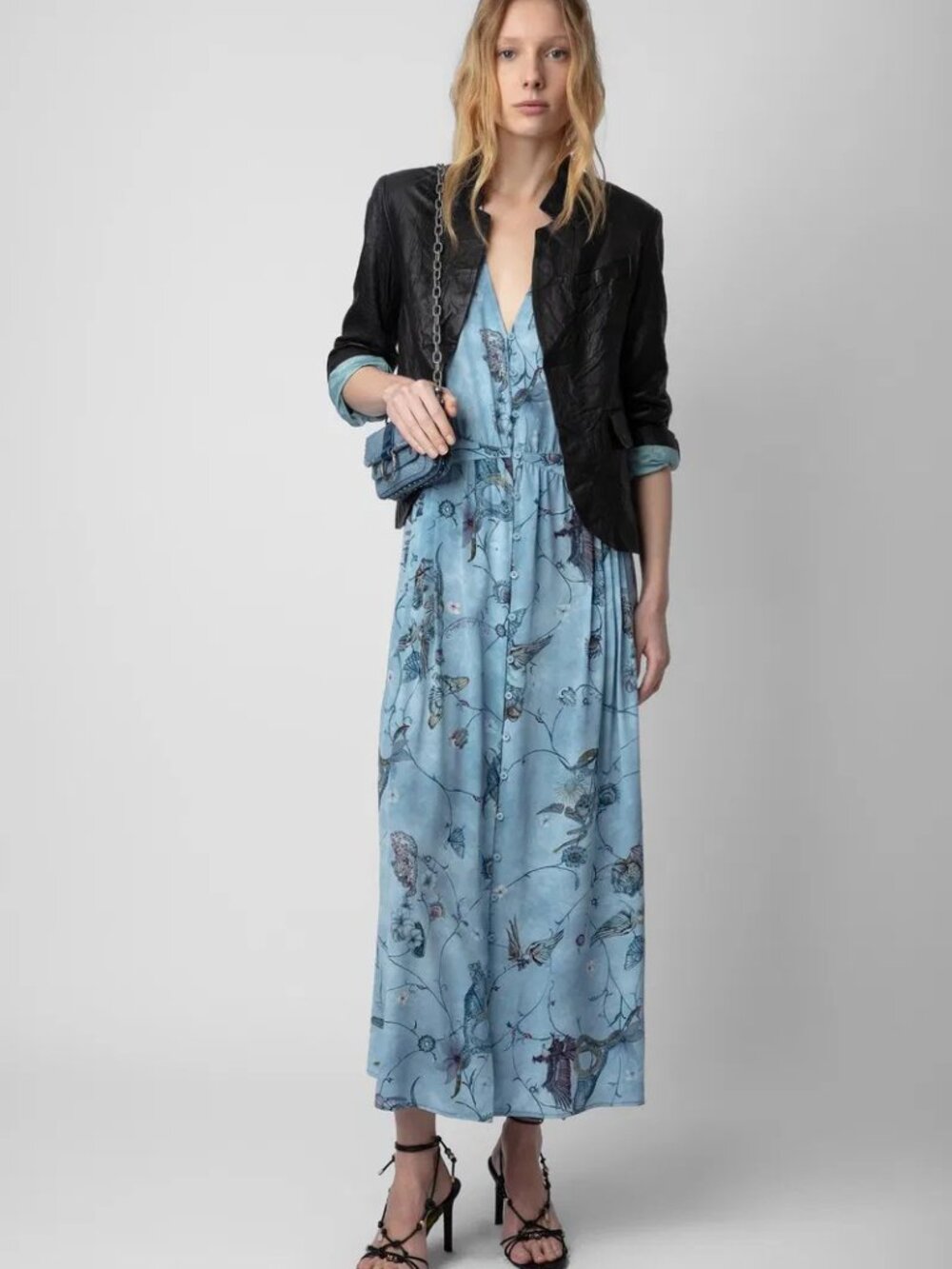 Zadig & Voltaire Light Blue Floral Midi Dress with Black Jacket